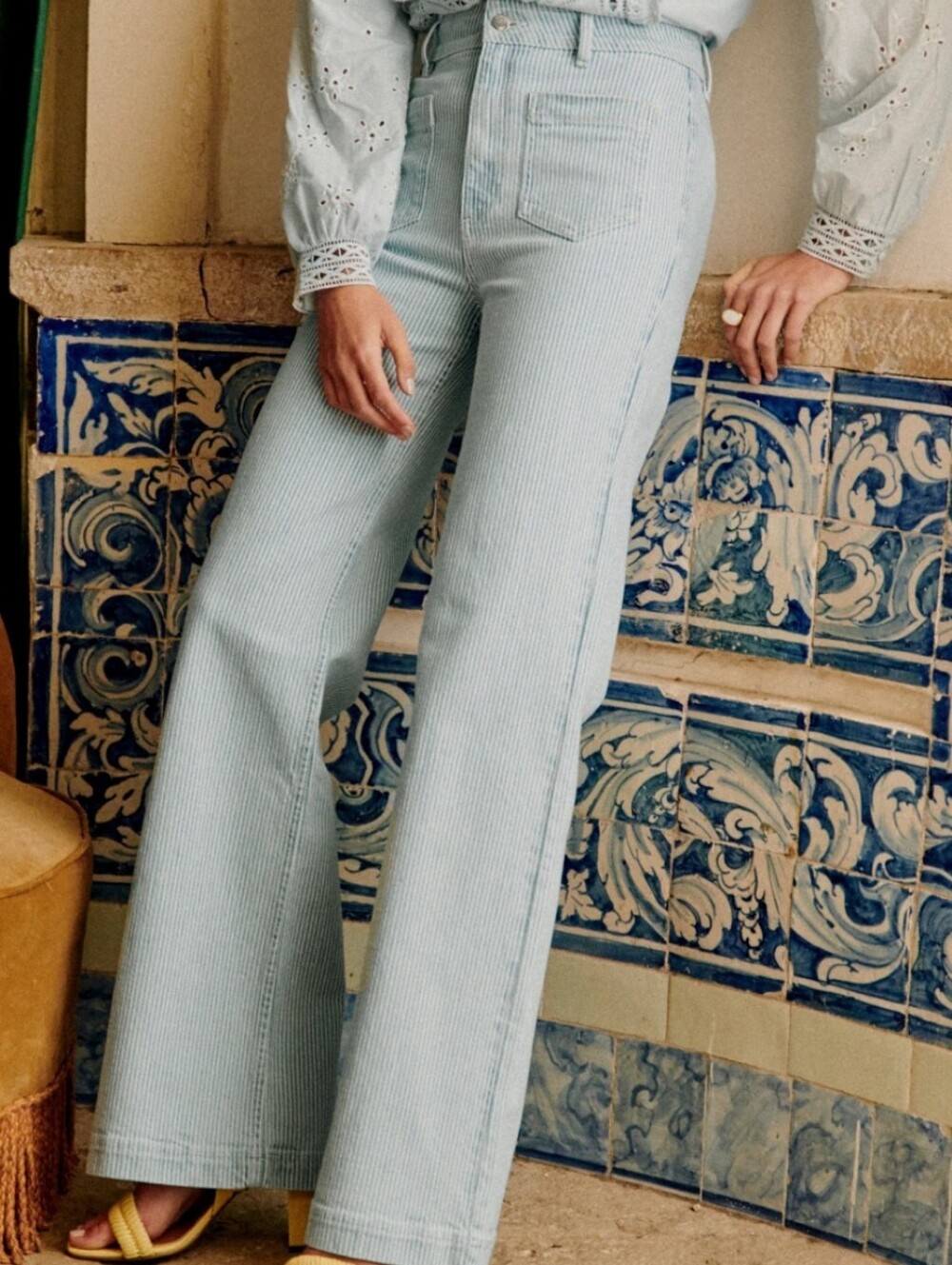 Sézane High-Rise Striped Jeans in Light Blue and White